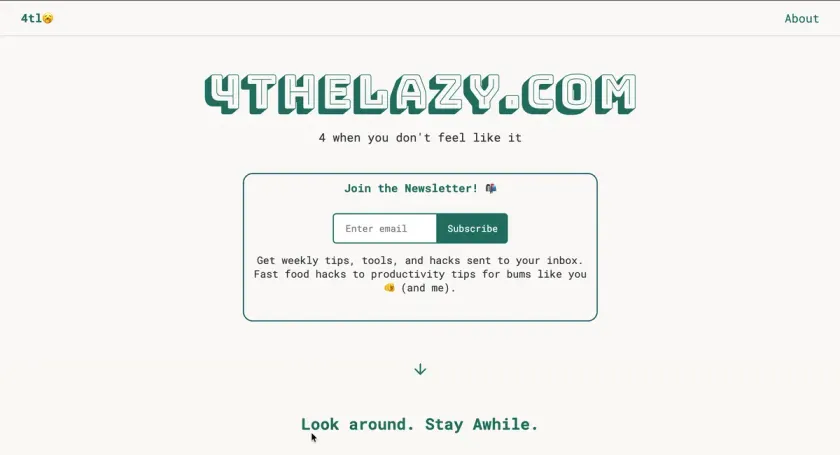 Hero section screenshot of 4 The Lazy website