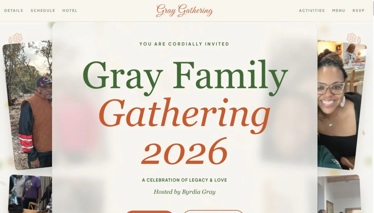 Homepage screenshot of Gray Family Gathering website