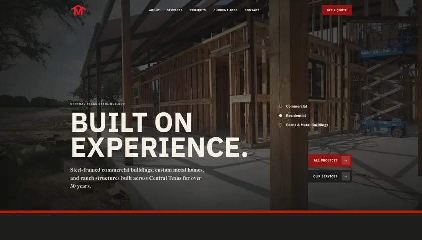 Homepage screenshot of Muse Metal Buildings website