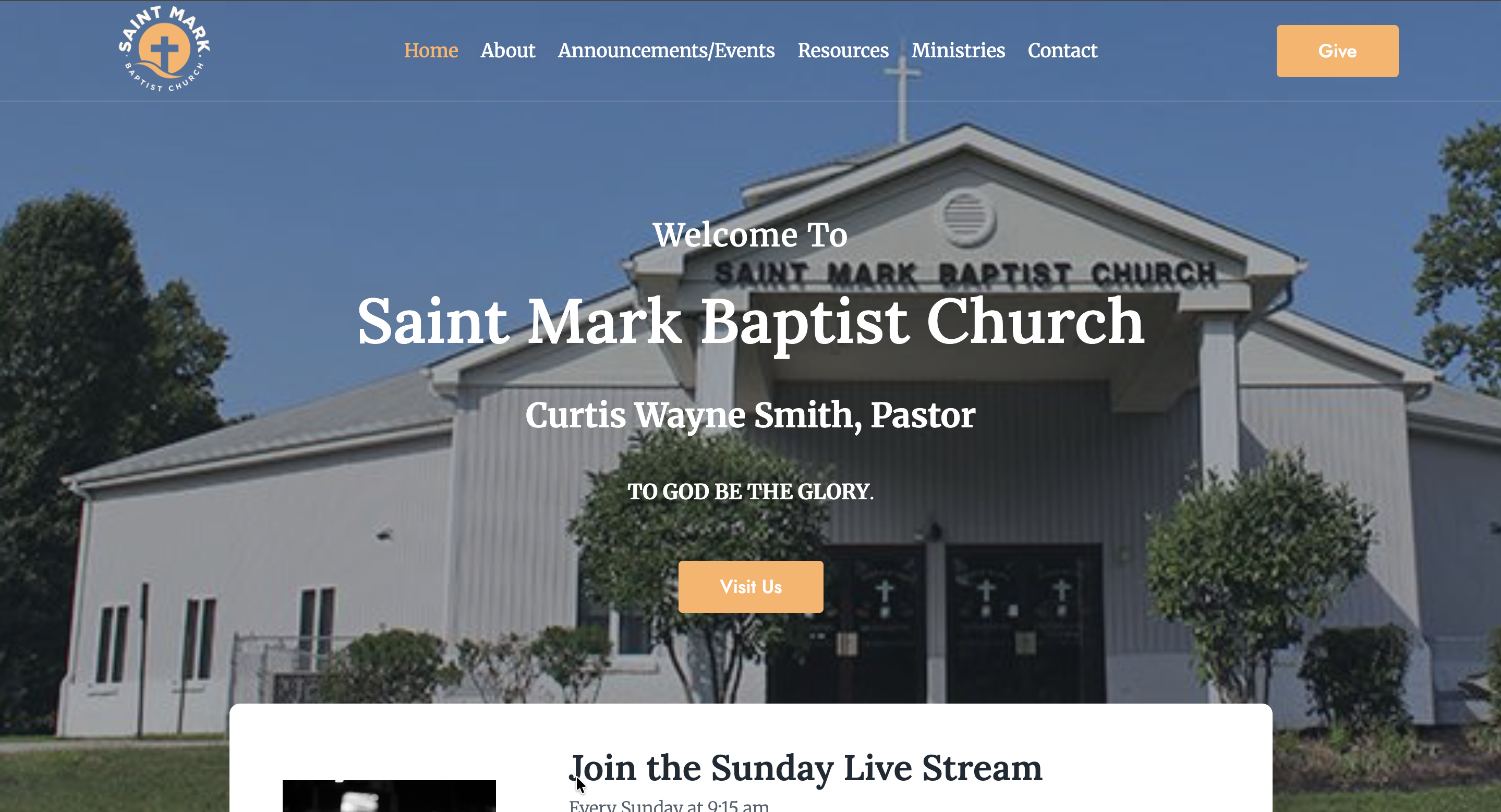 Hero section screenshot of Saint Mark Baptist Church website